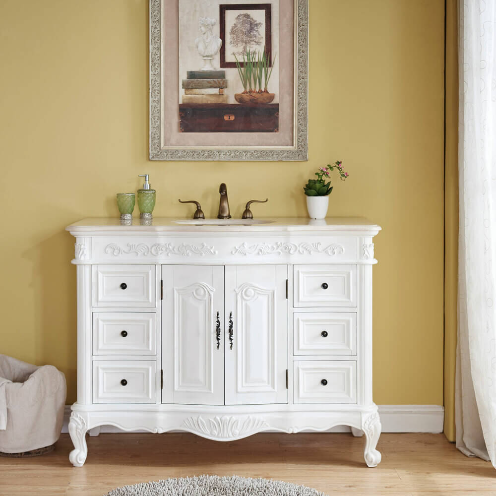 SILKROAD EXCLUSIVE HYP-0152-CM-UWC-48 48" Single Bathroom Vanity in Antique White with Crema Marfil Marble, White Oval Sink, Front View