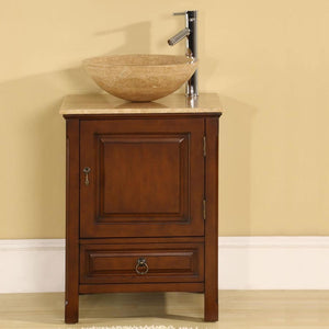 SILKROAD EXCLUSIVE HYP-0158-T-22_S29B 22" Single Bathroom Vanity in American Chestnut with Travertine Top and Vessel Sink Included, Front View