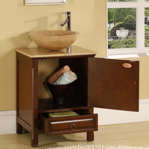 SILKROAD EXCLUSIVE HYP-0158-T-22 22" Single Bathroom Vanity in American Chestnut with Travertine Top and Vessel Sink (Not Included), Open Door and Drawer