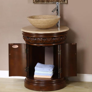 SILKROAD EXCLUSIVE HYP-0160-T-24 24" Single Bathroom Vanity in English Chestnut with Travertine Top and Vessel Sink (Not Included), Open Doors