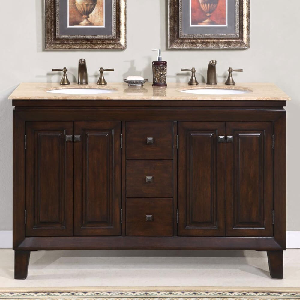 SILKROAD EXCLUSIVE HYP-0208-T-UWC-55 55" Double Bathroom Vanity in Dark Walnut with Travertine, White Oval Sinks, Front View