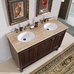 SILKROAD EXCLUSIVE HYP-0208-T-UWC-55 55" Double Bathroom Vanity in Dark Walnut with Travertine, White Oval Sinks, Top Angled View