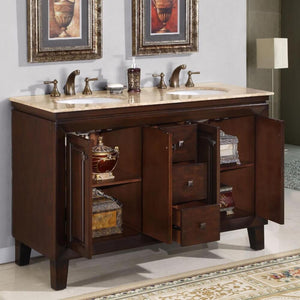 SILKROAD EXCLUSIVE HYP-0208-T-UWC-55 55" Double Bathroom Vanity in Dark Walnut with Travertine, White Oval Sinks, Open Doors and Drawers