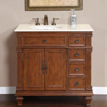 Load image into Gallery viewer, SILKROAD EXCLUSIVE HYP-0210-CM-UWC-36-L 36&quot; Single Bathroom Vanity in Vermont Maple with Crema Marfil Marble, White Oval Sink, Front View