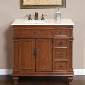 SILKROAD EXCLUSIVE HYP-0210-CM-UWC-36-L 36" Single Bathroom Vanity in Vermont Maple with Crema Marfil Marble, White Oval Sink, Front View