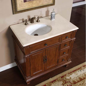 SILKROAD EXCLUSIVE HYP-0210-CM-UWC-36-L 36" Single Bathroom Vanity in Vermont Maple with Crema Marfil Marble, White Oval Sink, Top Angled View