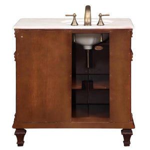 SILKROAD EXCLUSIVE HYP-0210-CM-UWC-36-L 36" Single Bathroom Vanity in Vermont Maple with Crema Marfil Marble, White Oval Sink, Back View