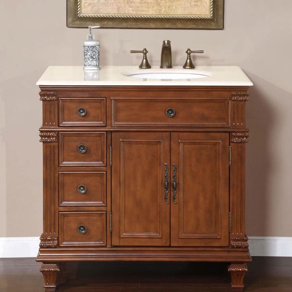 SILKROAD EXCLUSIVE HYP-0210-CM-UWC-36-R 36" Single Bathroom Vanity in Vermont Maple with Crema Marfil Marble, White Oval Sink, Front View