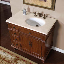 Load image into Gallery viewer, SILKROAD EXCLUSIVE HYP-0210-CM-UWC-36-R 36&quot; Single Bathroom Vanity in Vermont Maple with Crema Marfil Marble, White Oval Sink, Top Angled View