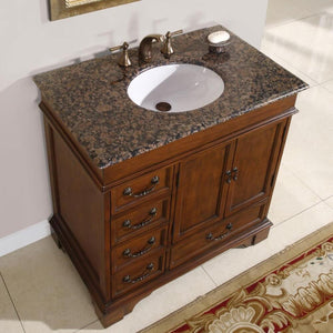 SILKROAD EXCLUSIVE HYP-0212-BB-UWC-36 36" Single Bathroom Vanity in English Chestnut with Baltic Brown Granite, White Oval Sink, Top Angled View