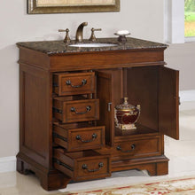Load image into Gallery viewer, SILKROAD EXCLUSIVE HYP-0212-BB-UWC-36 36&quot; Single Bathroom Vanity in English Chestnut with Baltic Brown Granite, White Oval Sink, Open Doors and Drawers