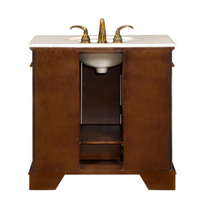 SILKROAD EXCLUSIVE HYP-0212-CM-UIC-36 36" Single Bathroom Vanity in English Chestnut with Crema Marfil Marble, Ivory Oval Sink, Back View