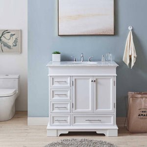 SILKROAD EXCLUSIVE HYP-0212-WM-UWC-36 36" Single Bathroom Vanity in White with Carrara White Marble, White Oval Sink, Front View