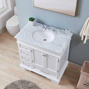 SILKROAD EXCLUSIVE HYP-0212-WM-UWC-36 36" Single Bathroom Vanity in White with Carrara White Marble, White Oval Sink, Top Angled View
