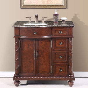 SILKROAD EXCLUSIVE HYP-0213-BB-UWC-36-L 36" Single Bathroom Vanity in English Chestnut with Baltic Brown Granite, White Oval Sink, Front View