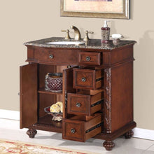 Load image into Gallery viewer, SILKROAD EXCLUSIVE HYP-0213-BB-UWC-36-L 36&quot; Single Bathroom Vanity in English Chestnut with Baltic Brown Granite, White Oval Sink, Open Doors and Drawers