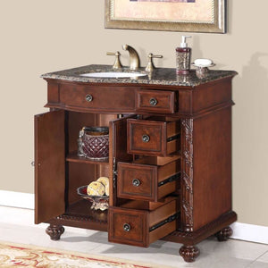 SILKROAD EXCLUSIVE HYP-0213-BB-UWC-36-L 36" Single Bathroom Vanity in English Chestnut with Baltic Brown Granite, White Oval Sink, Open Doors and Drawers