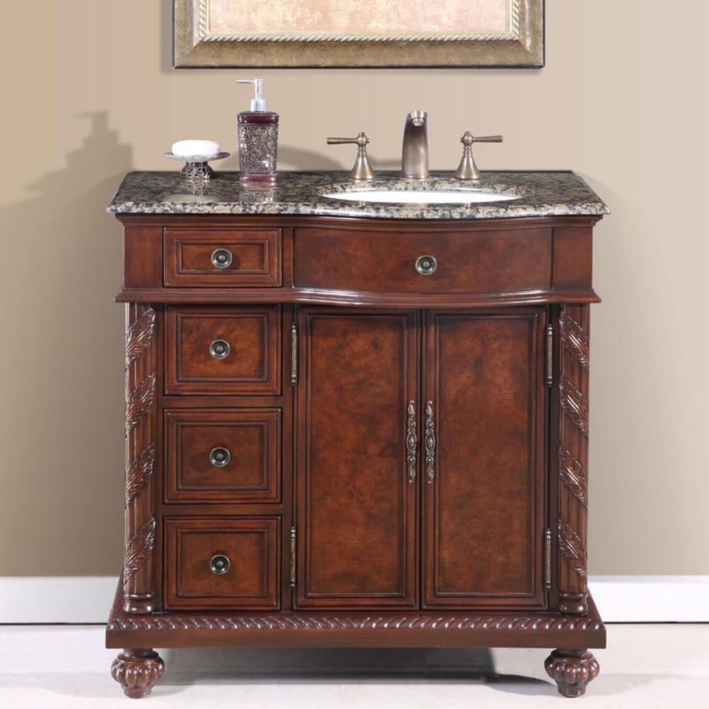 SILKROAD EXCLUSIVE HYP-0213-BB-UWC-36-R 36" Single Bathroom Vanity in English Chestnut with Baltic Brown Granite, White Oval Sink, Front View