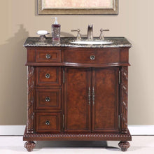 Load image into Gallery viewer, SILKROAD EXCLUSIVE HYP-0213-BB-UWC-36-R 36&quot; Single Bathroom Vanity in English Chestnut with Baltic Brown Granite, White Oval Sink, Front View