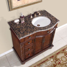 Load image into Gallery viewer, SILKROAD EXCLUSIVE HYP-0213-BB-UWC-36-R 36&quot; Single Bathroom Vanity in English Chestnut with Baltic Brown Granite, White Oval Sink, Top Angled View