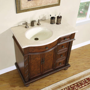 SILKROAD EXCLUSIVE HYP-0213-CM-UIC-36-L 36" Single Bathroom Vanity in English Chestnut with Crema Marfil Marble, Ivory Oval Sink, Top Angled View