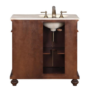 SILKROAD EXCLUSIVE HYP-0213-CM-UIC-36-L 36" Single Bathroom Vanity in English Chestnut with Crema Marfil Marble, Ivory Oval Sink, Back View
