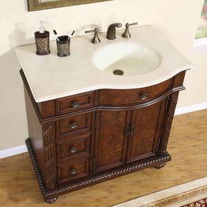 SILKROAD EXCLUSIVE HYP-0213-CM-UIC-36-R 36" Single Bathroom Vanity in English Chestnut with Crema Marfil Marble, Ivory Oval Sink, Top Angled View