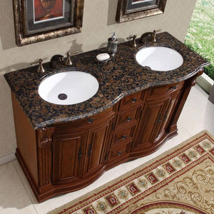 SILKROAD EXCLUSIVE HYP-0223-BB-UWC-55 55" Double Bathroom Vanity in Cherry with Baltic Brown Granite, White Oval Sinks, Top Angled View
