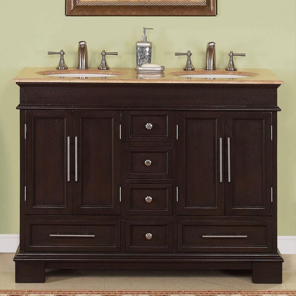 SILKROAD EXCLUSIVE HYP-0224-T-UWC-48 48" Double Bathroom Vanity in Dark Walnut with Travertine, White Oval Sinks, Front View