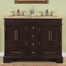Load image into Gallery viewer, SILKROAD EXCLUSIVE HYP-0224-T-UWC-48 48&quot; Double Bathroom Vanity in Dark Walnut with Travertine, White Oval Sinks, Front View