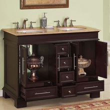 Load image into Gallery viewer, SILKROAD EXCLUSIVE HYP-0224-T-UWC-48 48&quot; Double Bathroom Vanity in Dark Walnut with Travertine, White Oval Sinks, Open Doors and Drawers