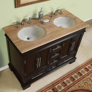 SILKROAD EXCLUSIVE HYP-0224-T-UWC-48 48" Double Bathroom Vanity in Dark Walnut with Travertine, White Oval Sinks, Top Angled View