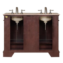 Load image into Gallery viewer, SILKROAD EXCLUSIVE HYP-0224-T-UWC-48 48&quot; Double Bathroom Vanity in Dark Walnut with Travertine, White Oval Sinks, Back View