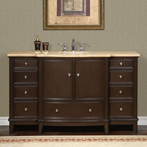 SILKROAD EXCLUSIVE HYP-0237-T-UWC-60 60" Double Bathroom Vanity in Dark Walnut with Travertine, White Oval Sinks, Front View