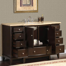 Load image into Gallery viewer, SILKROAD EXCLUSIVE HYP-0237-T-UWC-60 60&quot; Double Bathroom Vanity in Dark Walnut with Travertine, White Oval Sinks, Open Doors and Drawers