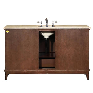 SILKROAD EXCLUSIVE HYP-0237-T-UWC-60 60" Double Bathroom Vanity in Dark Walnut with Travertine, White Oval Sinks, Back View