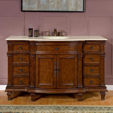 Load image into Gallery viewer, SILKROAD EXCLUSIVE HYP-0277-CM-UWC-60 60&quot; Single Bathroom Vanity in Brazilian Rosewood with Crema Marfil Marble, White Oval Sink, Front View