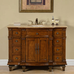 SILKROAD EXCLUSIVE HYP-0277-T-UWC-48 48" Single Bathroom Vanity in Brazilian Rosewood with Travertine, White Oval Sink, Front View