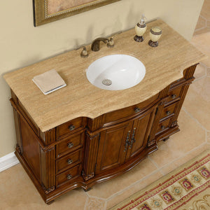SILKROAD EXCLUSIVE HYP-0277-T-UWC-48 48" Single Bathroom Vanity in Brazilian Rosewood with Travertine, White Oval Sink, Top Angled View