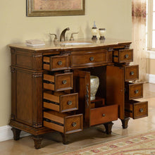 Load image into Gallery viewer, SILKROAD EXCLUSIVE HYP-0277-T-UWC-48 48&quot; Single Bathroom Vanity in Brazilian Rosewood with Travertine, White Oval Sink, Open Doors and Drawers