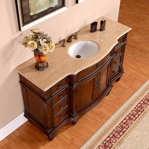 SILKROAD EXCLUSIVE HYP-0277-T-UWC-60 60" Single Bathroom Vanity in Brazilian Rosewood with Travertine, White Oval Sink, Top Angled View