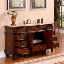 Load image into Gallery viewer, SILKROAD EXCLUSIVE HYP-0277-T-UWC-60 60&quot; Single Bathroom Vanity in Brazilian Rosewood with Travertine, White Oval Sink, Open Doors and Drawers