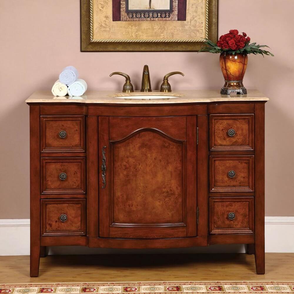 SILKROAD EXCLUSIVE HYP-0701-T-UIC-48 48" Single Bathroom Vanity in Red Oak with Travertine, Ivory Oval Sink, Front View