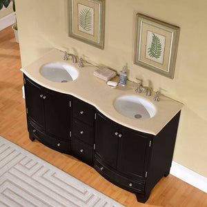 SILKROAD EXCLUSIVE HYP-0703-CM-UWC-60 60" Double Bathroom Vanity in Dark Espresso with Crema Marfil Marble, White Oval Sinks, Top Angled View