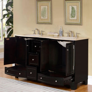 SILKROAD EXCLUSIVE HYP-0703-CM-UWC-60 60" Double Bathroom Vanity in Dark Espresso with Crema Marfil Marble, White Oval Sinks, Open Doors and Drawers