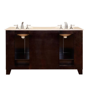 SILKROAD EXCLUSIVE HYP-0703-CM-UWC-60 60" Double Bathroom Vanity in Dark Espresso with Crema Marfil Marble, White Oval Sinks, Back View