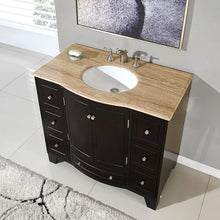 Load image into Gallery viewer, SILKROAD EXCLUSIVE HYP-0703-T-UWC-40 40&quot; Single Bathroom Vanity in Dark Espresso with Travertine, White Oval Sink, Top Angled View