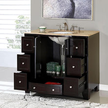 Load image into Gallery viewer, SILKROAD EXCLUSIVE HYP-0703-T-UWC-40 40&quot; Single Bathroom Vanity in Dark Espresso with Travertine, White Oval Sink, Open Doors and Drawers