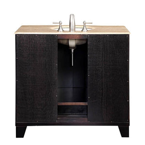 SILKROAD EXCLUSIVE HYP-0703-T-UWC-40 40" Single Bathroom Vanity in Dark Espresso with Travertine, White Oval Sink, Back View