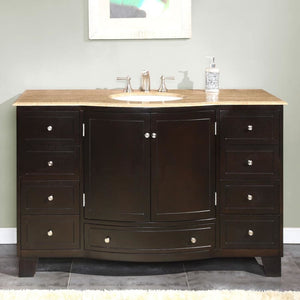 SILKROAD EXCLUSIVE HYP-0703-T-UWC-55 55" Single Bathroom Vanity in Dark Espresso with Travertine, White Oval Sink, Front View